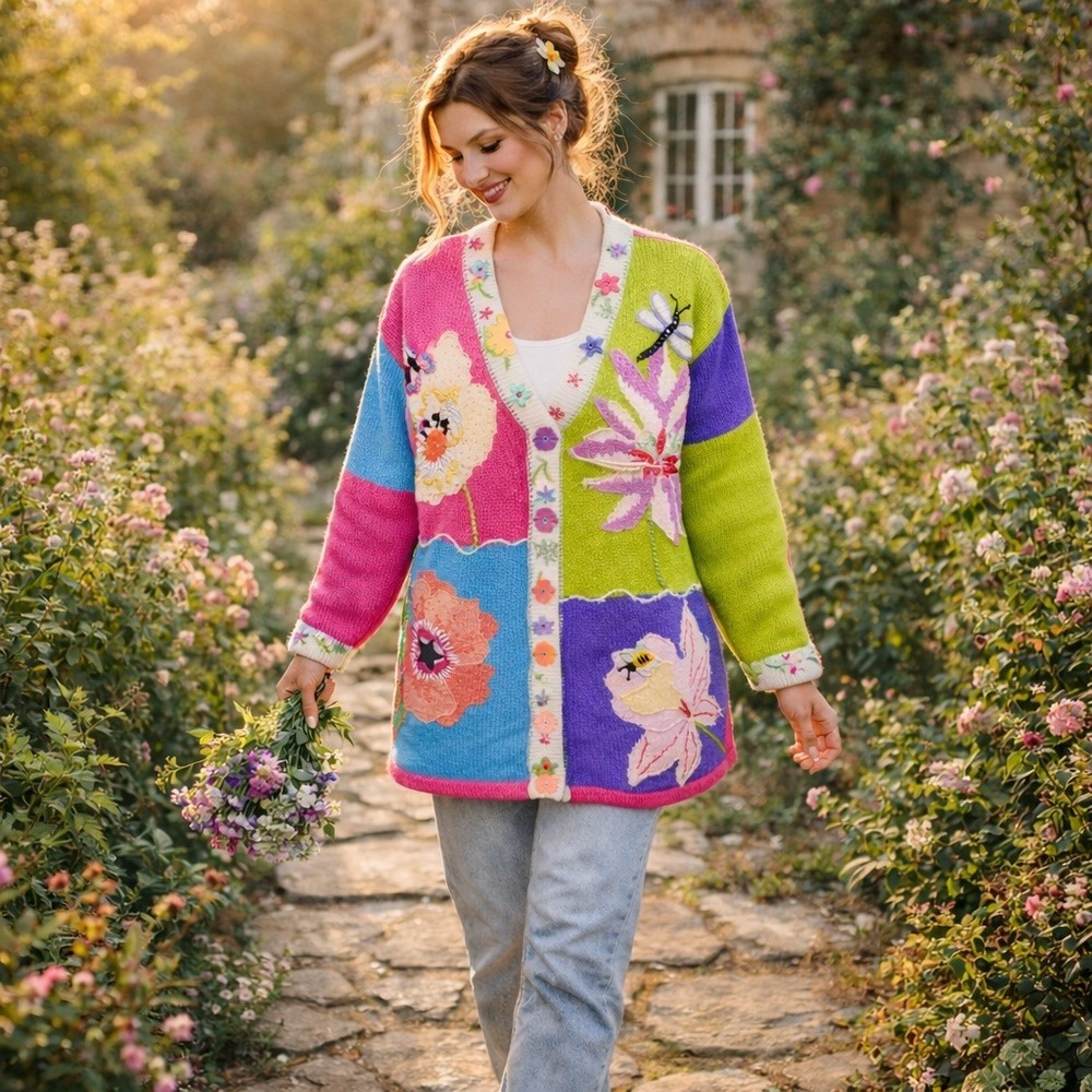 Storybook Knits Vintage Patchwork Floral Cardigan L Beaded Whimsy Cottage Fairy